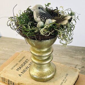 Bird Nest Gold Distressed Pedestal Decor French Country Spring Cottage Core